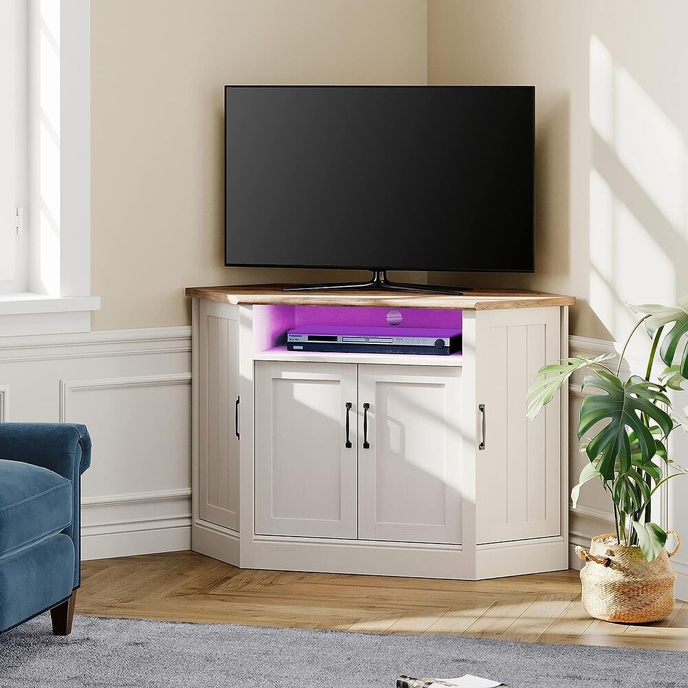 WAMPAT Corner TV Stand for TVs Up to 55 inch  Farmhouse Corner Entertainment with Open Shelves and Door Cabinet for Living Room