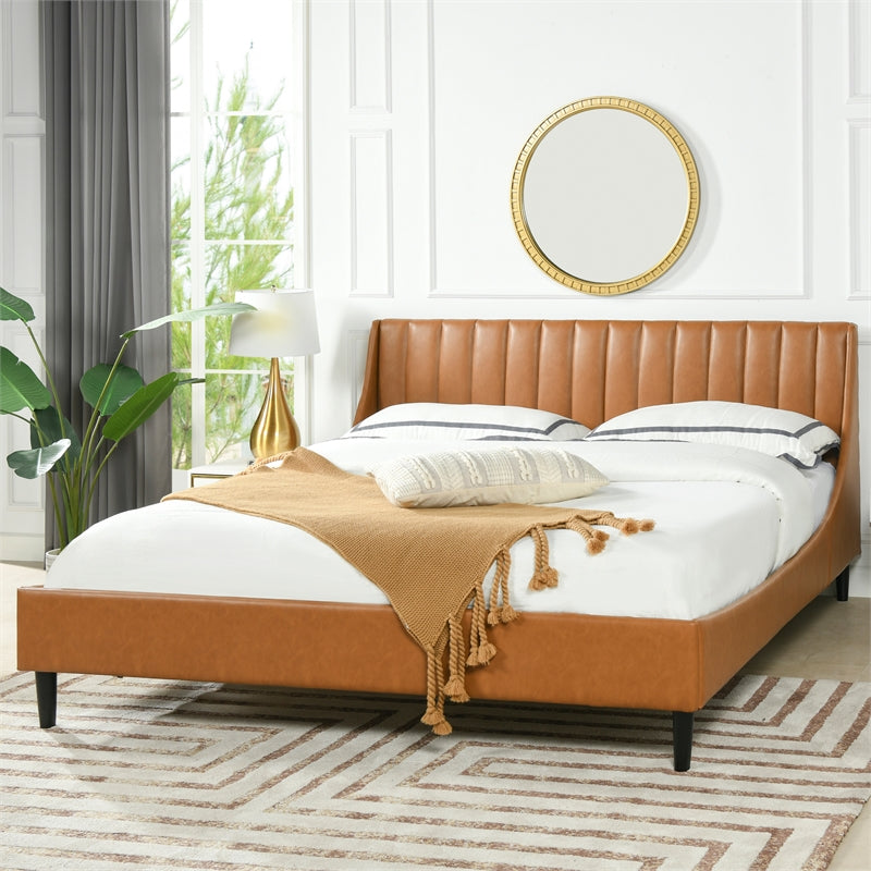 Aspen Vertical Tufted Headboard Platform Bed Set, King, Caramel Tan Brown Faux Leather