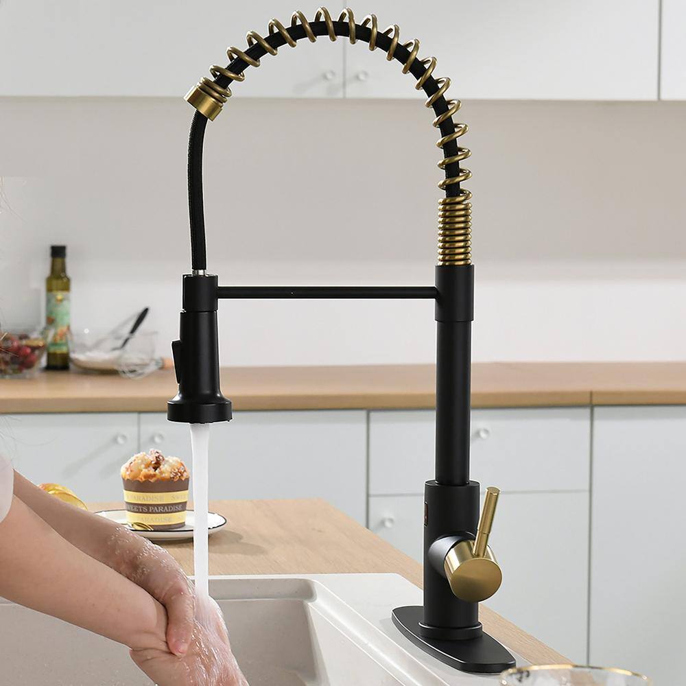 matrix decor Single Handle Touchless Pull Down Sprayer Kitchen Faucet with Deckplate in Black and Gold MD-ALIS1306BGD