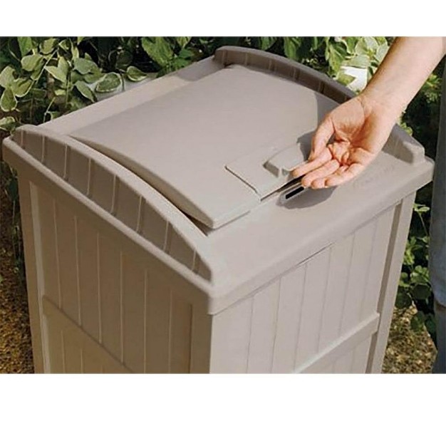 Suncast 30 33 Gallon Deck Patio Resin Garbage Trash Can Hideaway Taupe 2 Pack