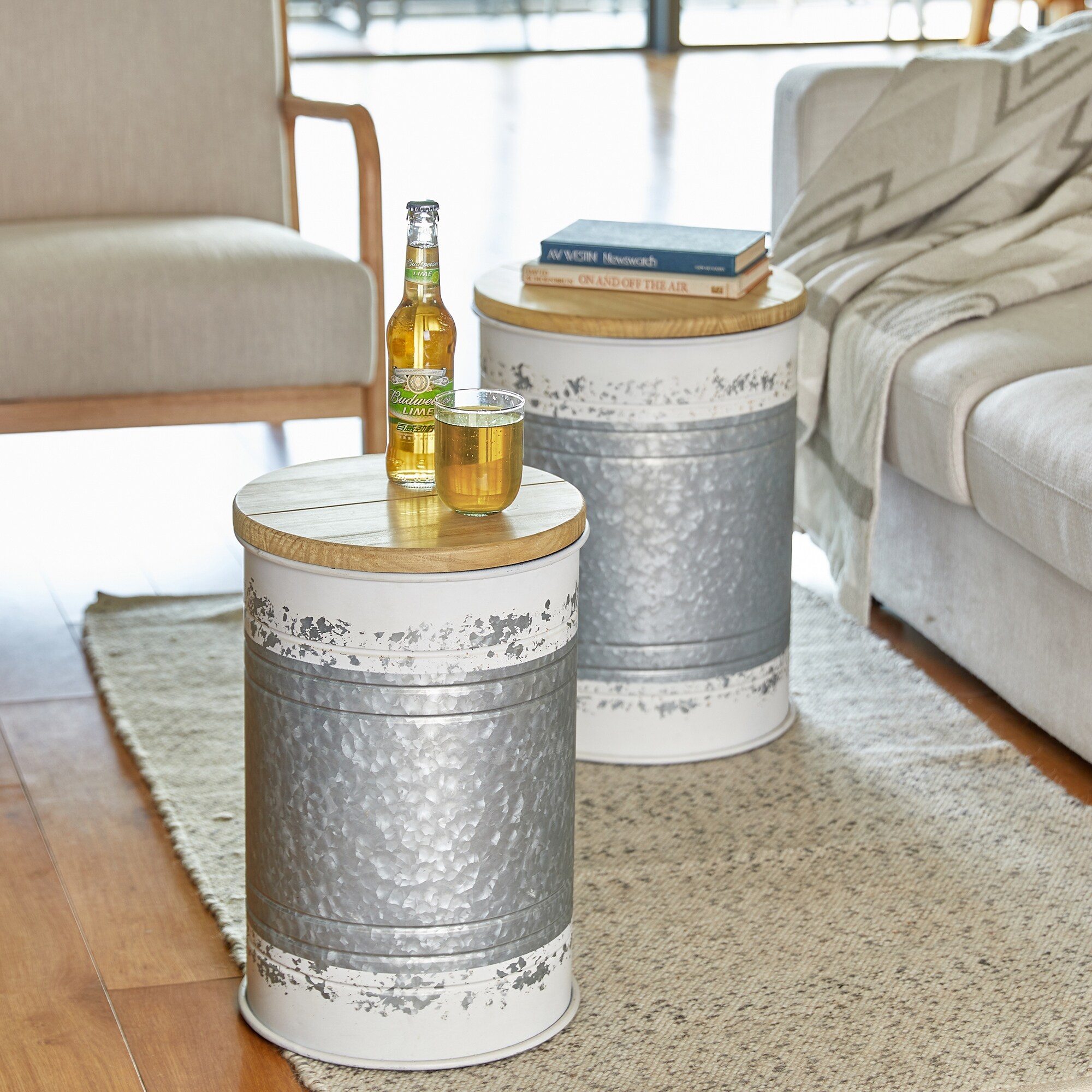 Glitzhome Set of 2 Farmhouse Nesting Galvanized Metal Storage Accent Table or Stool with Wood Lids