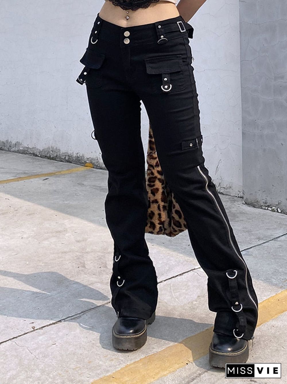 Weekeep Gothic Low Waist Black Punk Denim Pants Women Fashion Zip Up Split Casual Jeans Streetwear Harajuku 90S Hip Hop Trousers