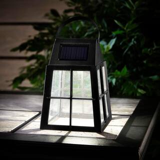 Hampton Bay 12 Lumens Farmhouse Solar Black LED Sherphard's Hook Path Light and Table Top Lantern (2-Pack) 50191