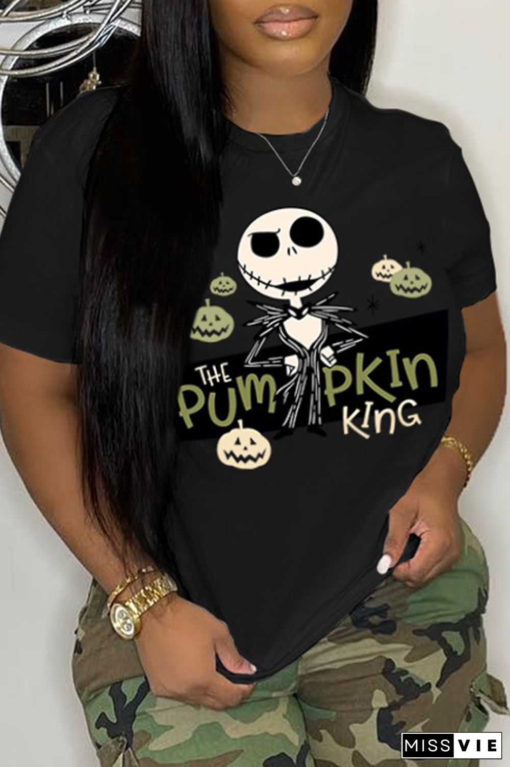 Black Casual Skull Head Print Basic O Neck T-Shirts