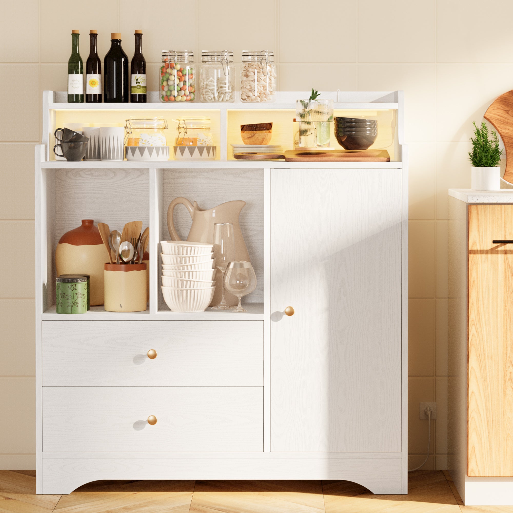 Sideboard with Drawers, Storage Cabinet with Led Lights and Power Sockets for Kitchen, Dining Room