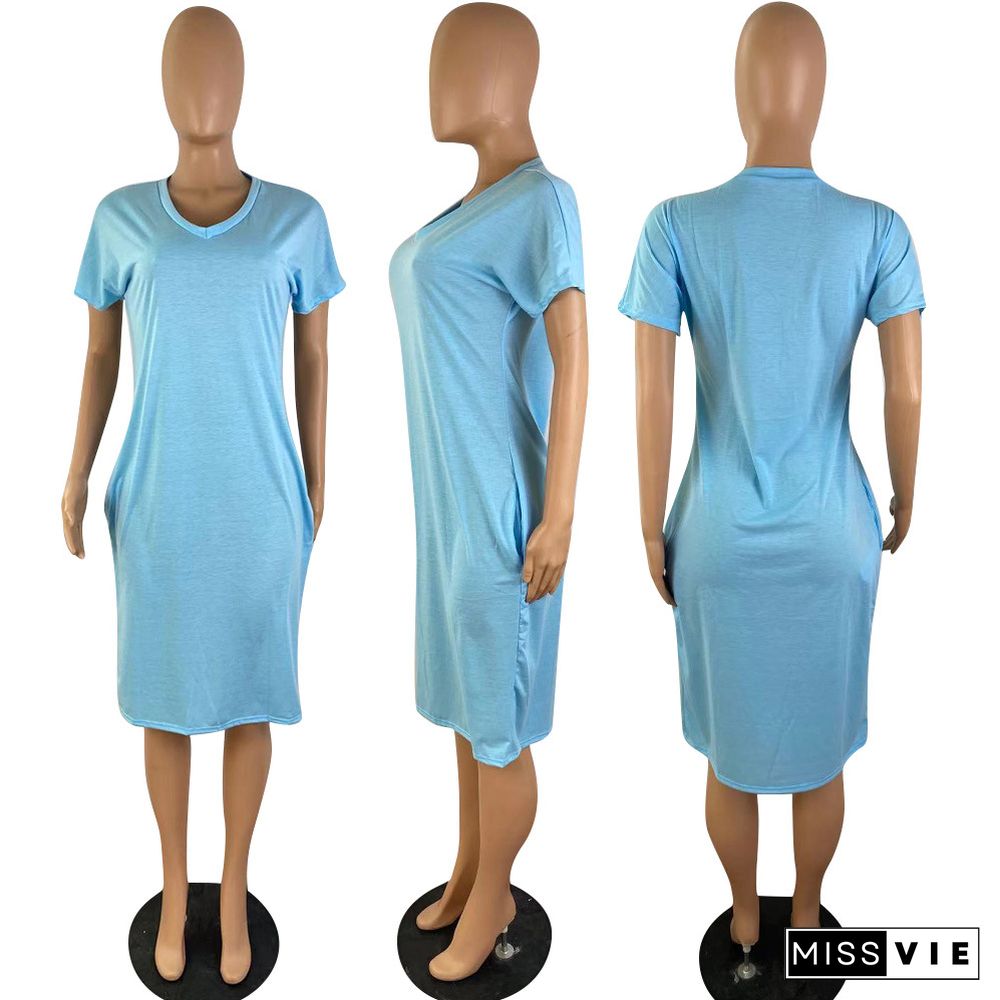 Summer Solid Color Short Sleeve V Neck Loose T Shirt Dress