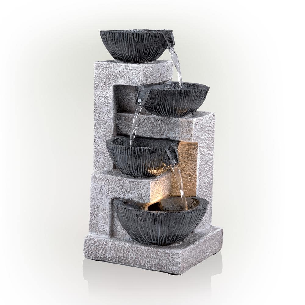 Alpine Corporation 14 in. Tall Cascading Tabletop Bowl Fountain Decoration with LED Lights, Gray WIN1578