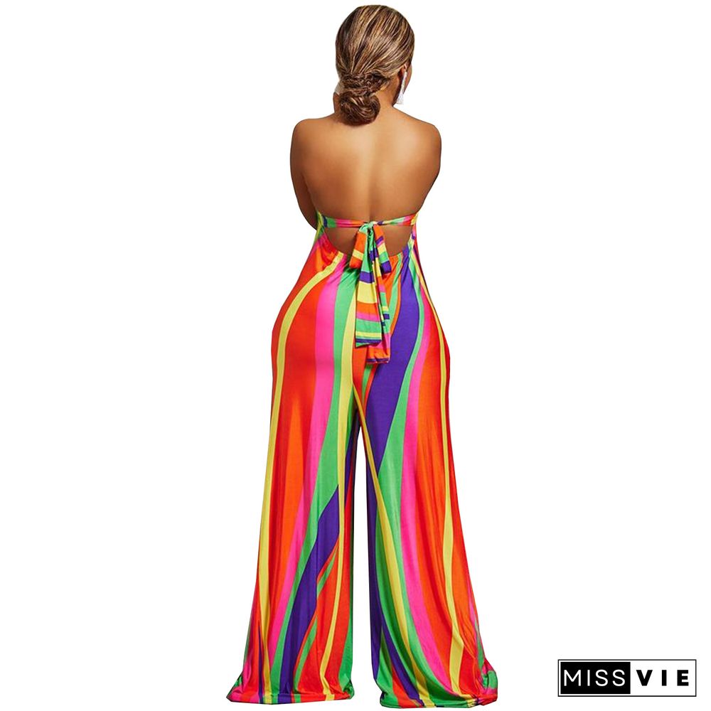 Elegant Striped Strapless Backless Wide Leg Jumpsuit