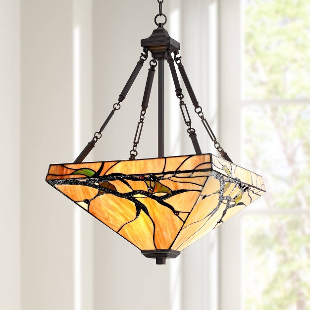 Wide Rustic Budding Branch Stained Art Glass 3 light Fixture For Dining Room House Kitchen Island