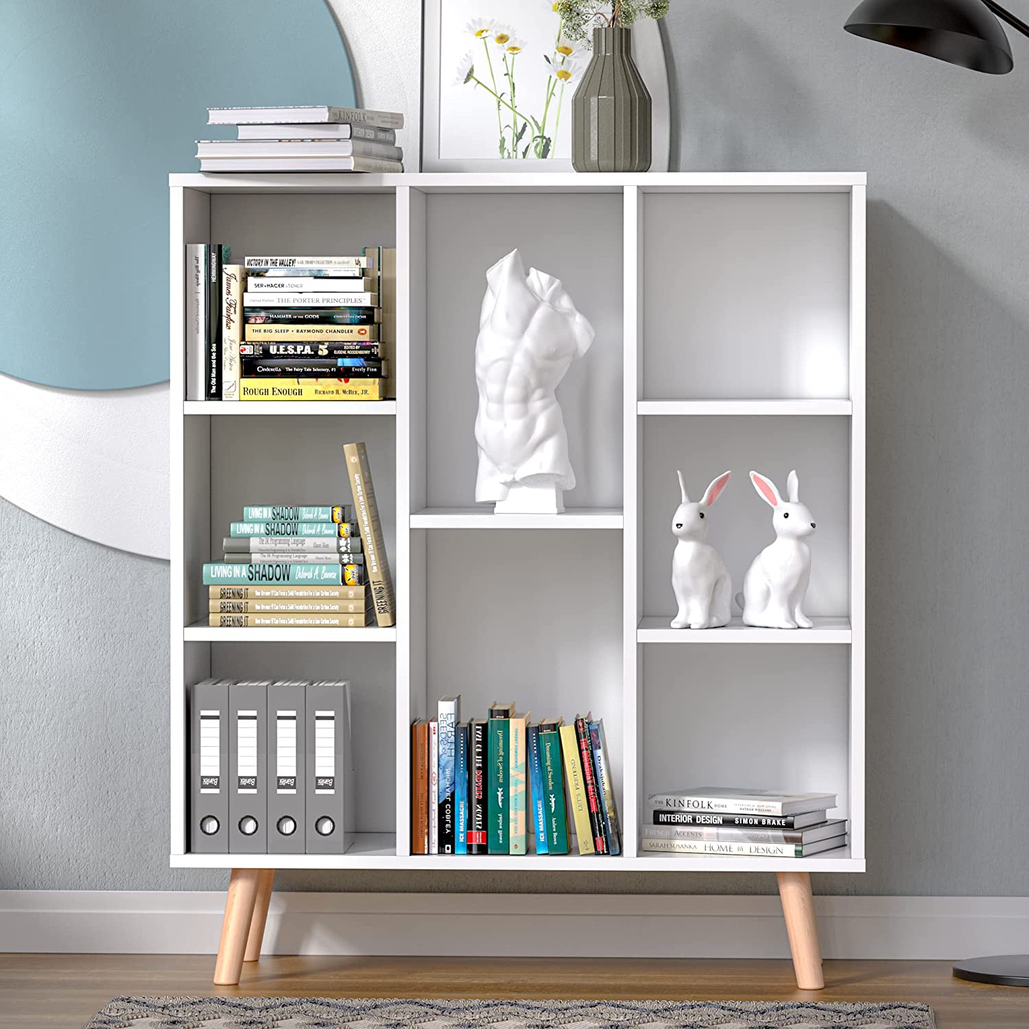 Small Freestanding Bookshelf 8 Storages Wood Book Shelves with Anti-Tilt Device for Bedroom, Office, Living Room