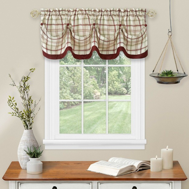 Kate Aurora Country Farmhouse Plaid Tattersall Button Tuck Window Valance