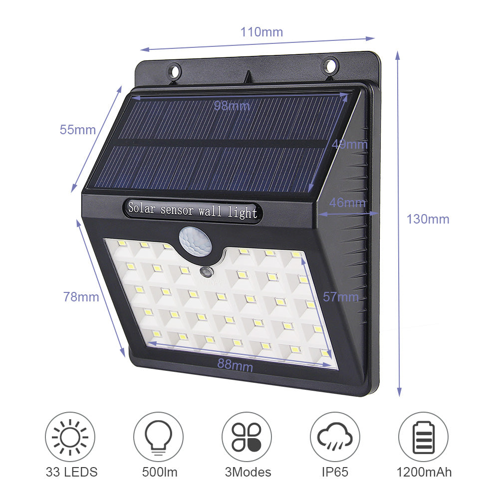 2 Pack Waterproof 33 LED Solar Powered PIR Motion Sensor Wall Light Outdoor Security Lights Garden Yard Porch Lamp