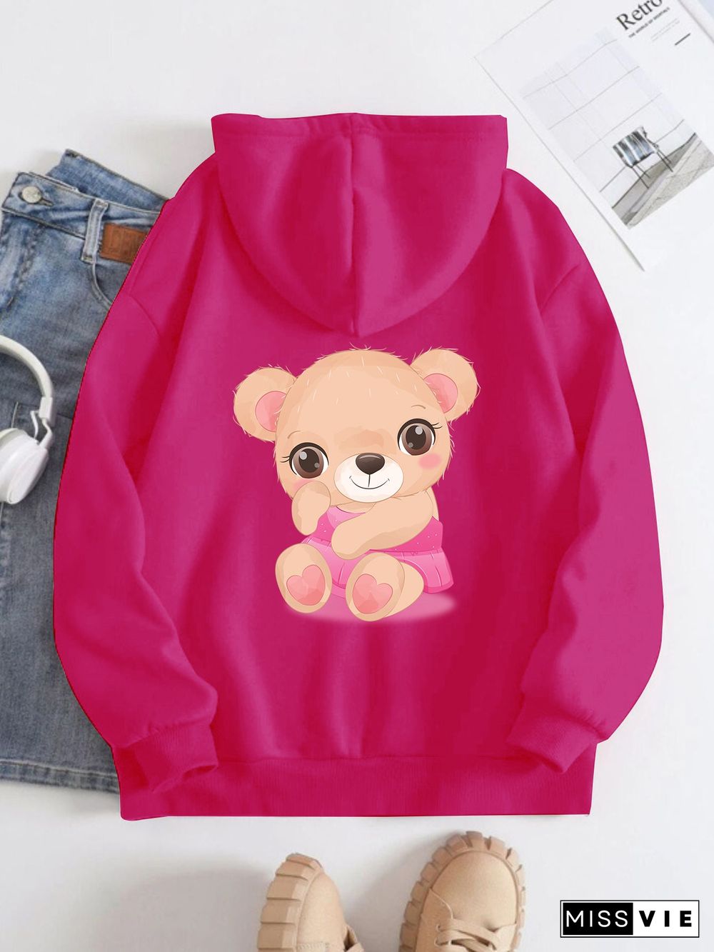 Printed on the Back Kangaroo Pocket Hoodie Long Sleeve for Women Pattern Pink Little Bear