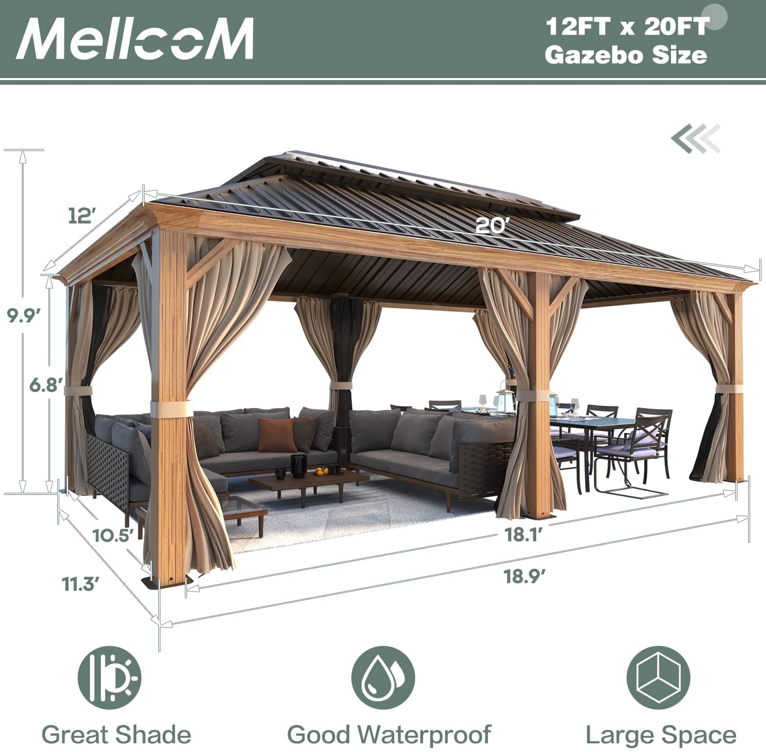 Mellcom 12' X 20' Hardtop Gazebo Aluminum Frame Gazebo 20 ft with Galvanized Steel Double Roof Brown