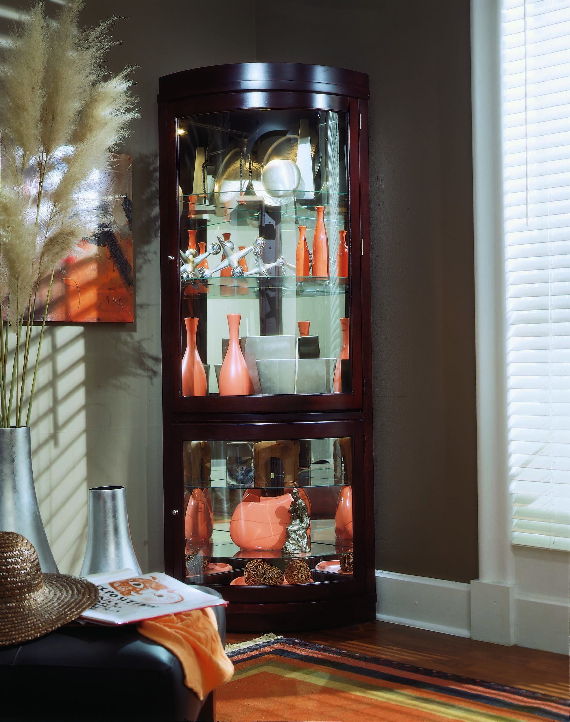 Home Meridian Curved 5 Shelf Corner Curio Cabinet in Cherry Brown