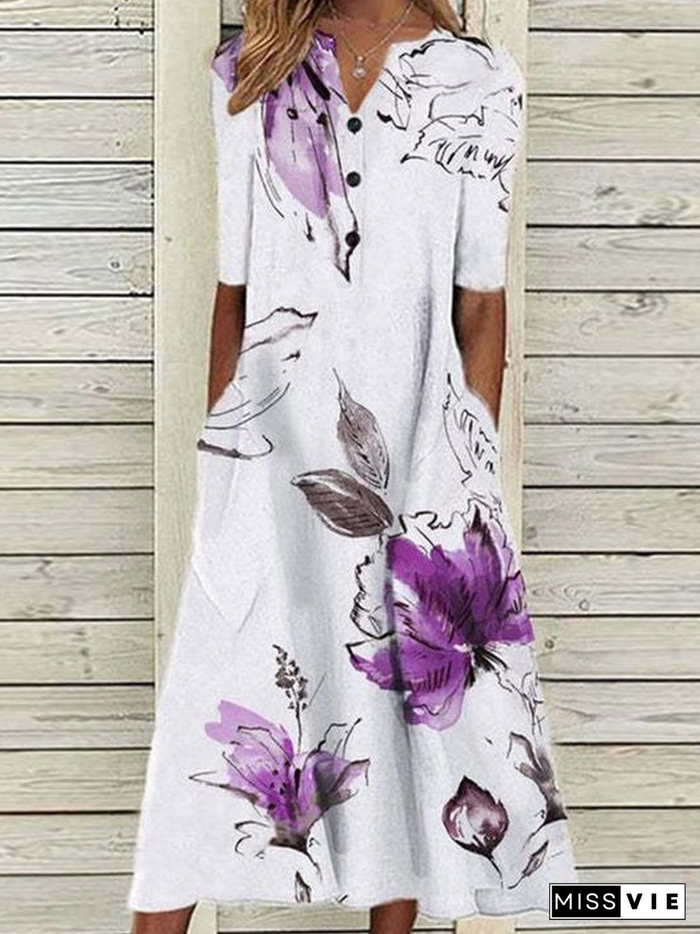 Vintage Print Summer Women Dress Casual Half Sleeve V Neck Pocket Dress Ladies Fashion Office Loose Button A-Line Dresses