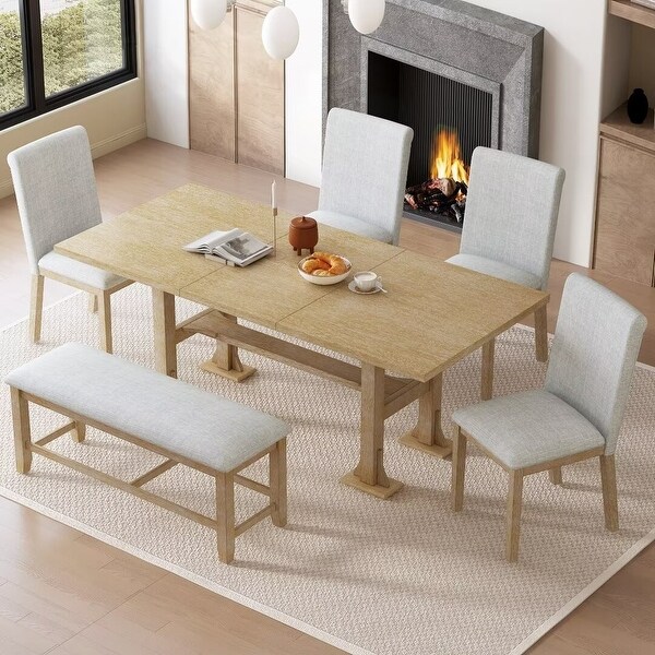 Extendable Dining Table Set，with Removable Leaf and Upholstered Chairs