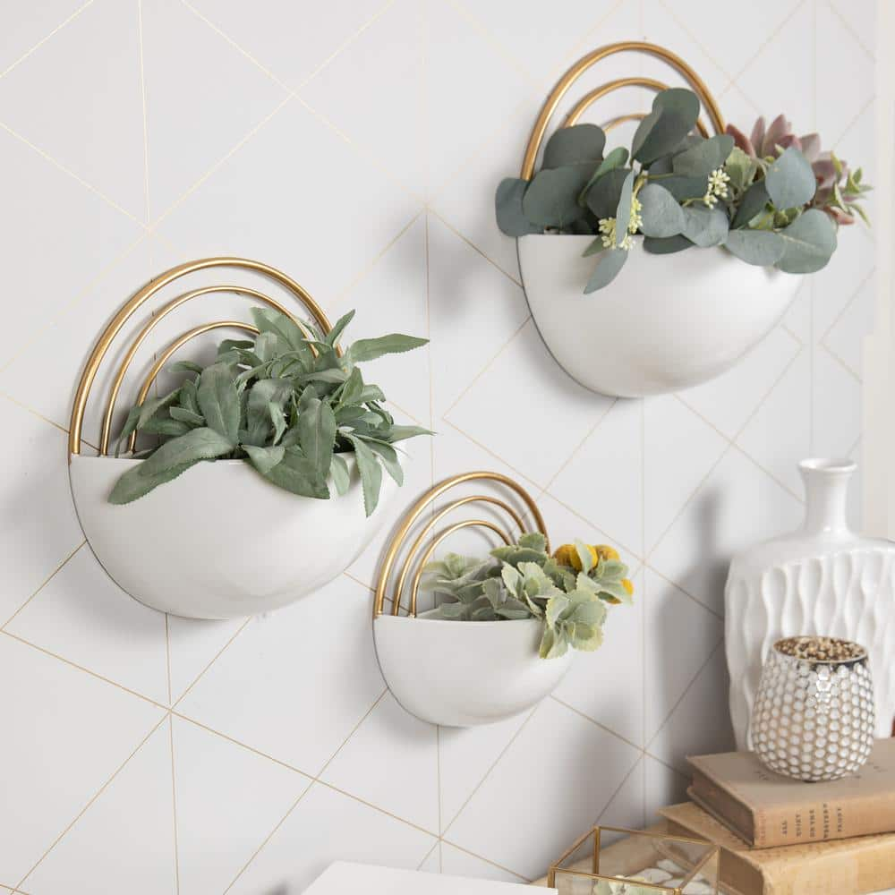 DANYA B Crescent Metal Wall Planter Set - White with Gold Detail (3-Piece) FHB21655