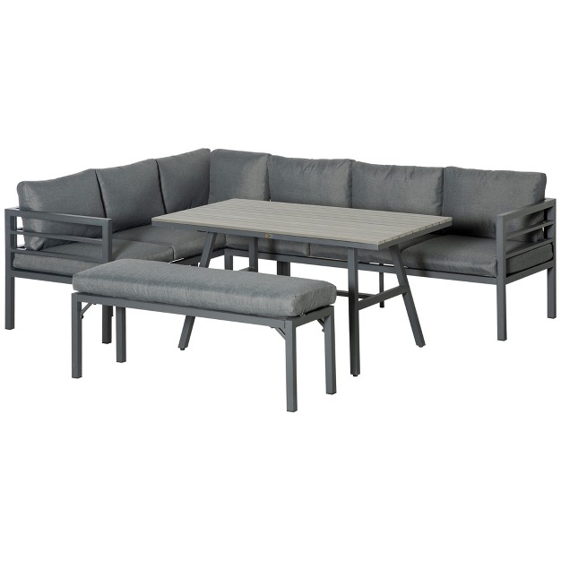 Outsunny 4 Piece Patio Furniture Set Outdoor L shaped Sectional Sofa With 2 Couches Bench Dining Table Cushions Aluminum Conversation Set Gray