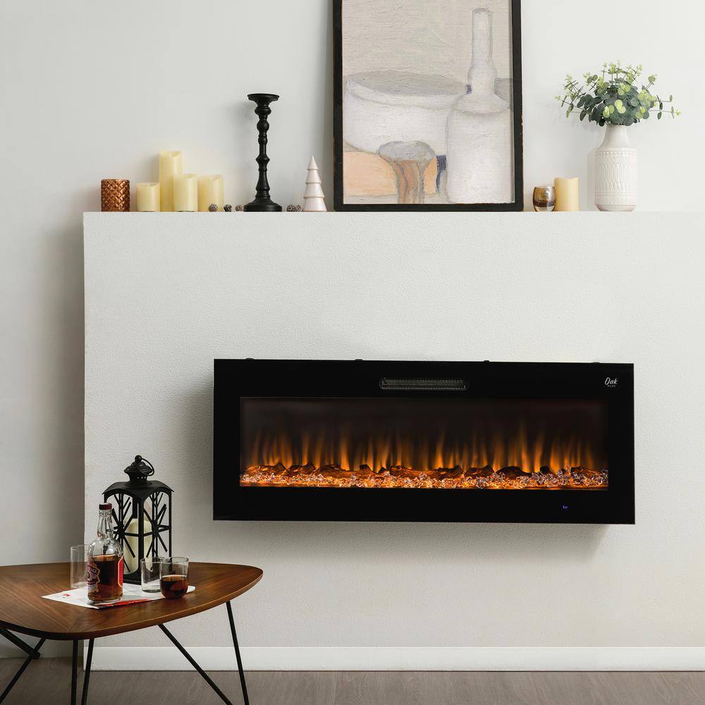 Glitzhome 50 in. L Black Recessed Wall Mounted Electric Fireplace with 9 Color Flames Faux Log and Crystal Decorated 2019200003