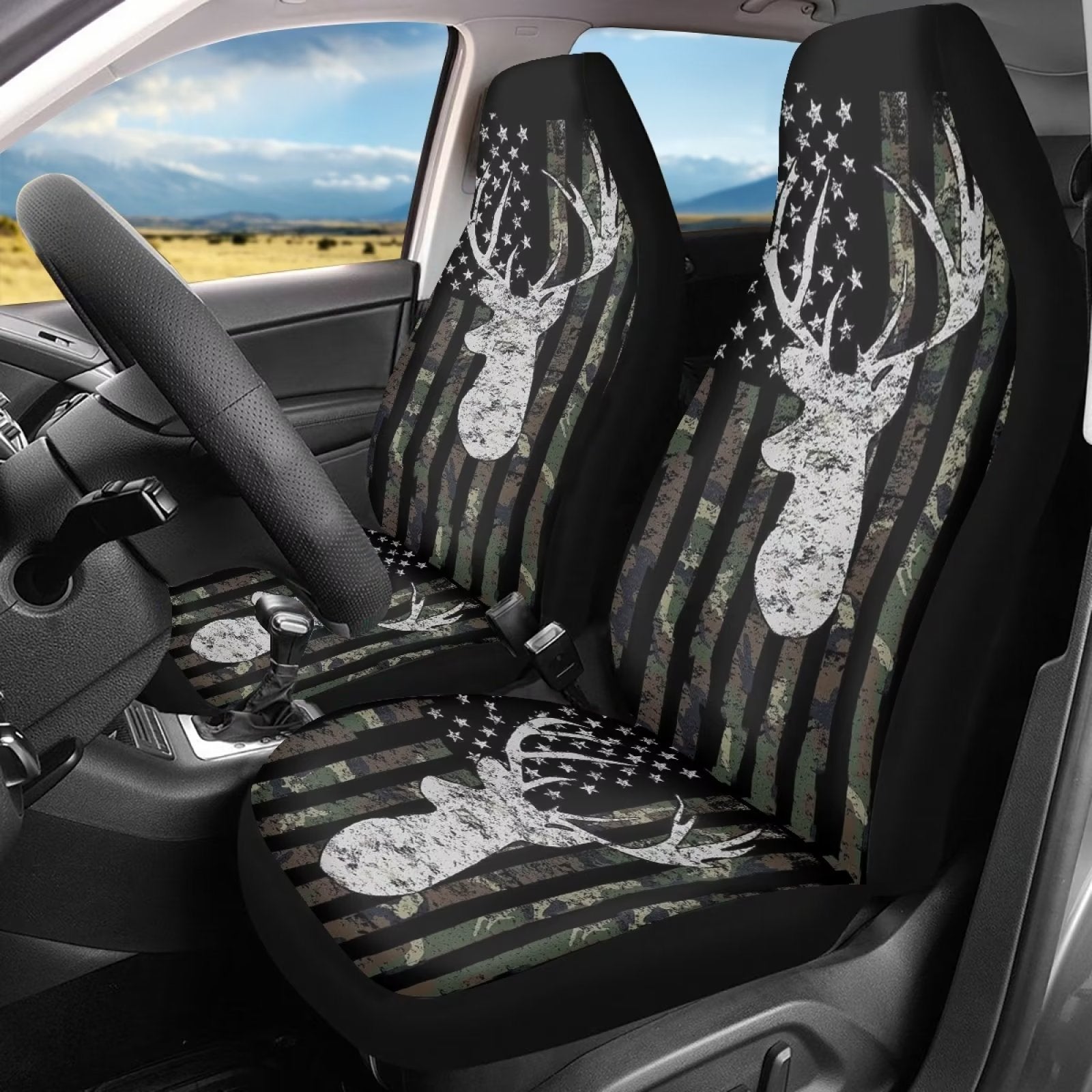 FKELYI Camo Hunting Army Deer Front Car Seat Covers Only，Ultra-Soft Auto Vehicle Seat Cover Set of 2，Universal Breathable Car interior Front Accessory Kit for Women and Men