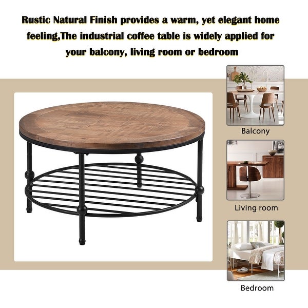 Rustic Natural Round Solid Wood Coffee Table with Metal Storage Shelf for Living Room