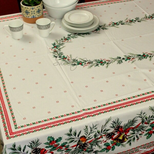 Wipeable Spill Resistant French Acrylic Coated Christmas Tablecloth - White