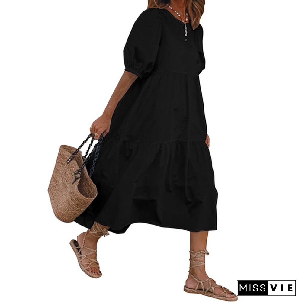 100% Cotton Women Puff Sleeve Party Long Dress Casual Loose Flare Holiday Dresses