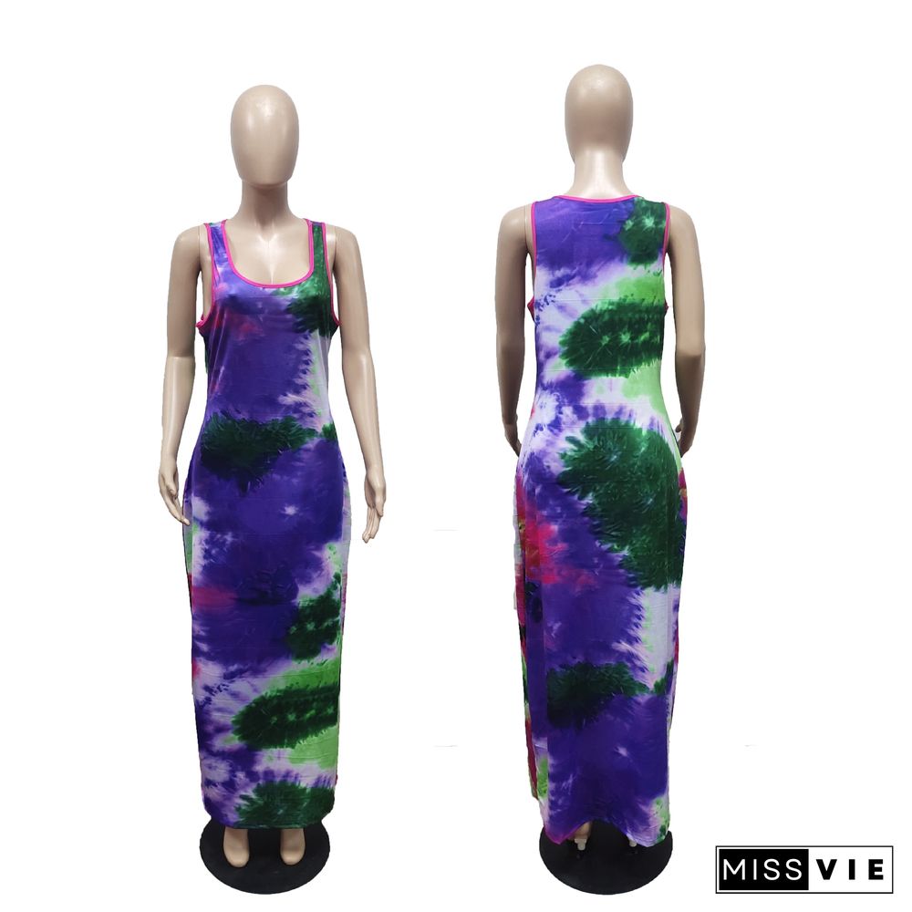 Tie Dye Sleeveless O Neck Plus Size Maxi Dress