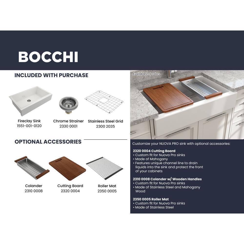 BOCCHI Nuova Pro 34 in. Short Apron Drop-InUndermount Single Bowl White Fireclay Kitchen Sink with Grid in. Strainer 1551-001-0120