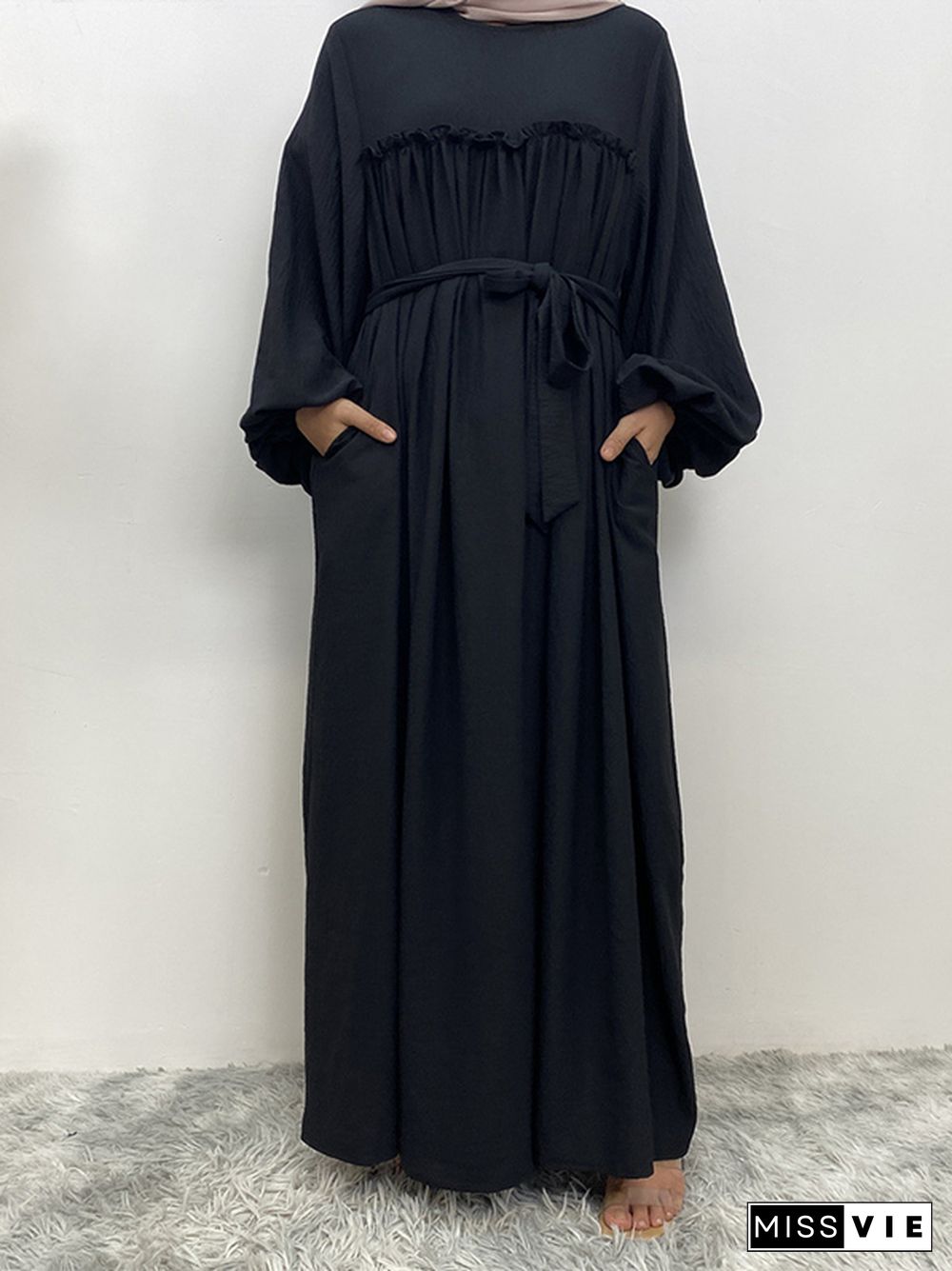 Bishop Sleeve Long Sleeves Elasticity Muslim Pleated Solid Color Split-Joint Tied Waist Round-Neck Maxi Dresses