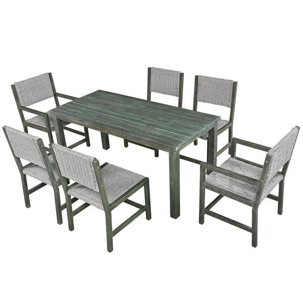 Wood And Rattan Outdoor Dining Table And Chairs For 6 People -  - 37506563