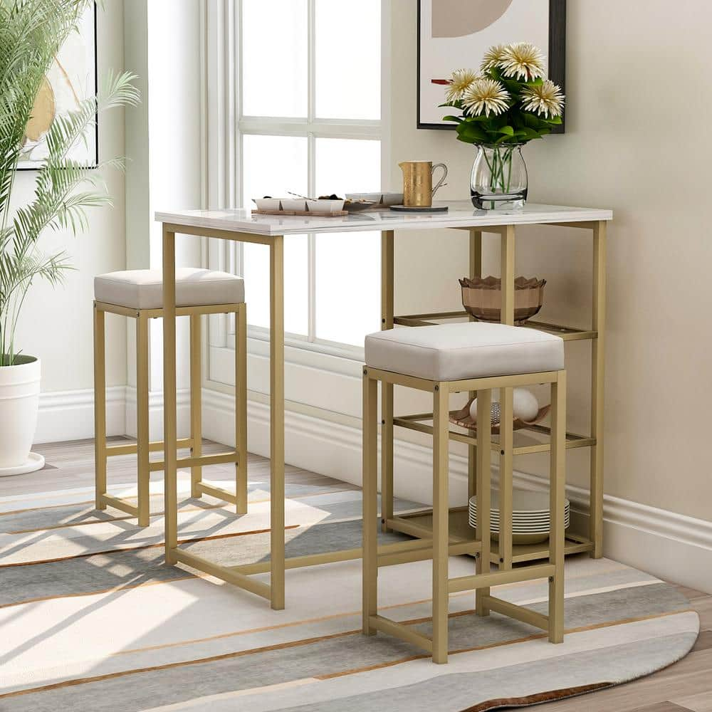 Harper & Bright Designs 36 in. Gold Modern Pub Set with PU Bar Stools (3-Piece) WF194723AAK