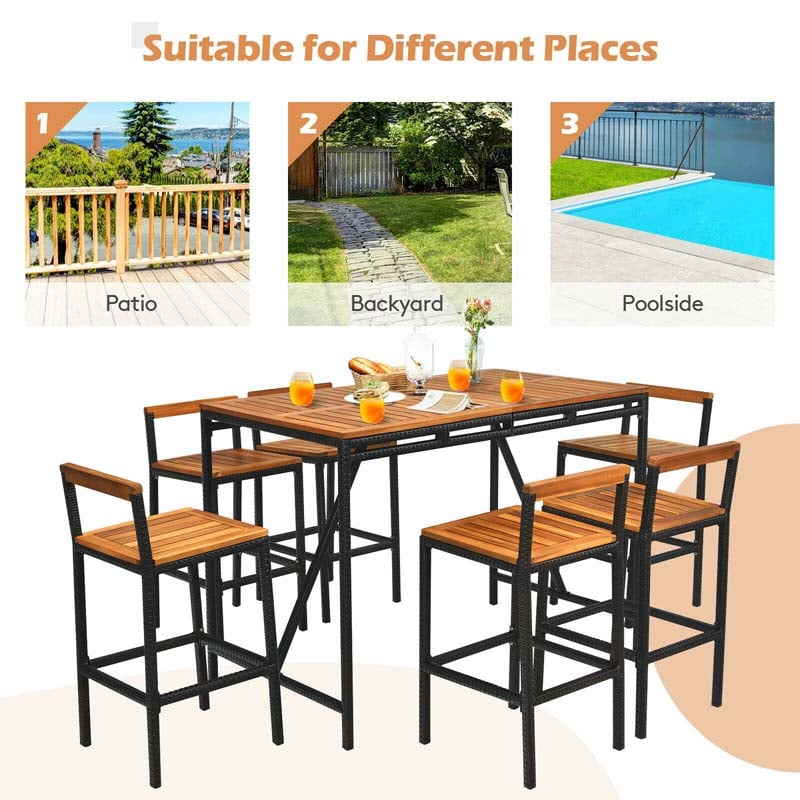 7 Pcs Acacia Wood Rattan Wicker Outdoor Patio Bar Set Dining Table Set with 1.9'' Umbrella Hole & 6 Bar Stools