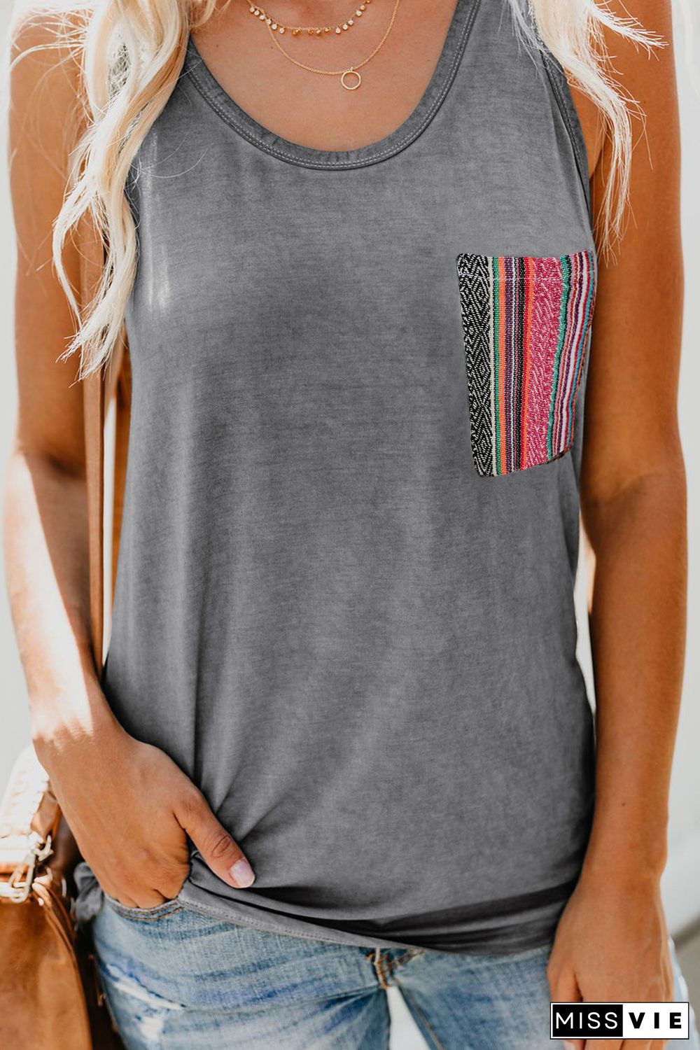 Casual Women Tank Top With Multicolor Pocket