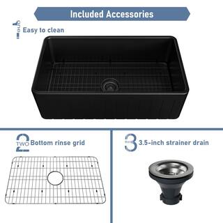 CASAINC Fireclay 33 in. Striped Design Reversible Installation Single Bowl Farmhouse Apron Kitchen Sink with Grid and Strainer CA-SN3318T-B