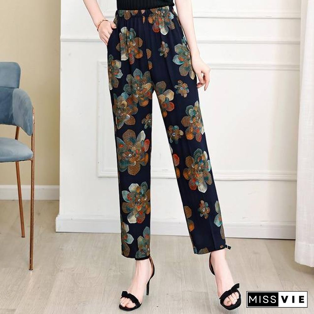 22 Colors Women Summer Casual Pencil Pants XL-5XL Plus Size High Waist Pants Printed Elastic Waist Middle Aged Women Pants