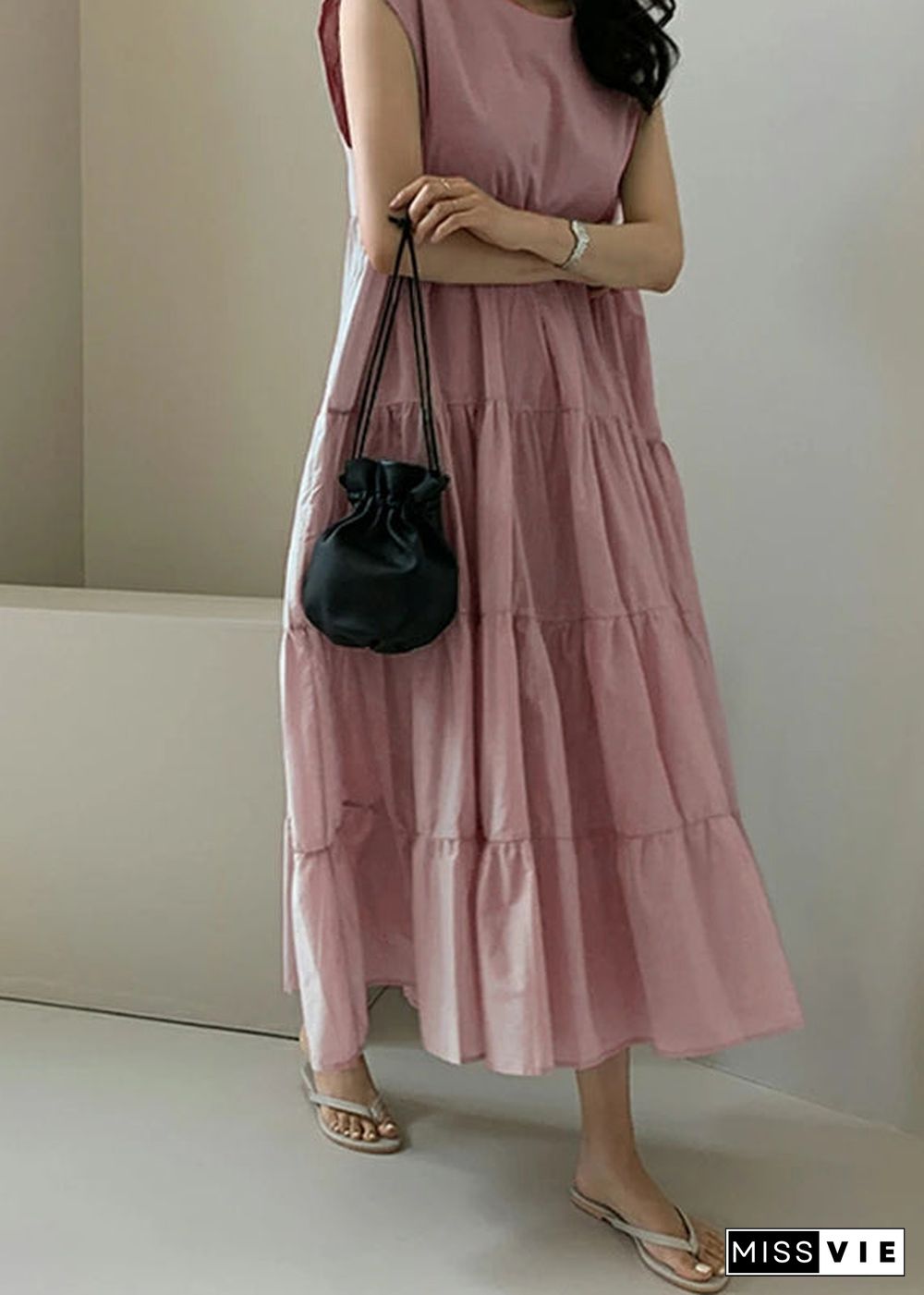 Solid Color Sleeveless V-neck Pleated Layered Lace Up Daily Casual Maxi Dress Apricot