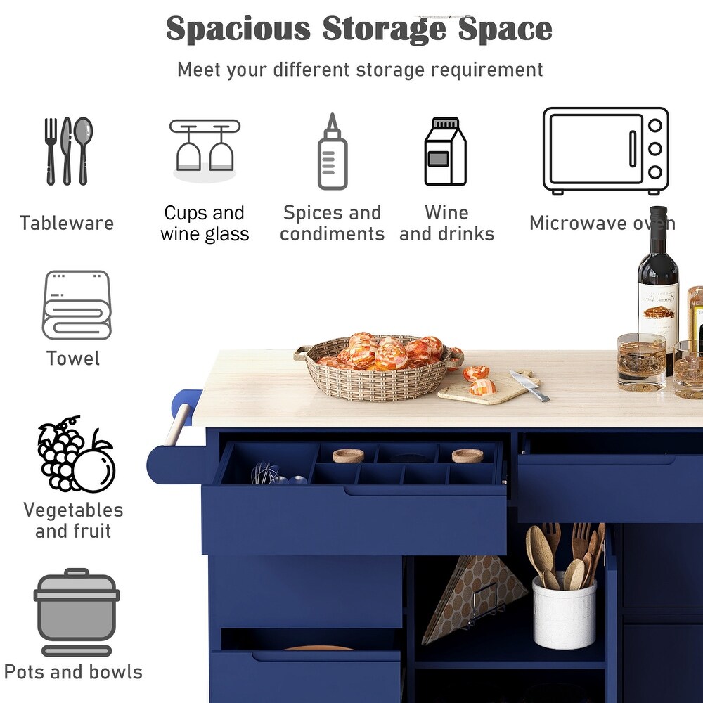 Multifunction Kitchen Islands Cart w/ 8 Handle Free Drawers and Flatware Organizer  Large Countertop Storage Carts w/ Towel Rack