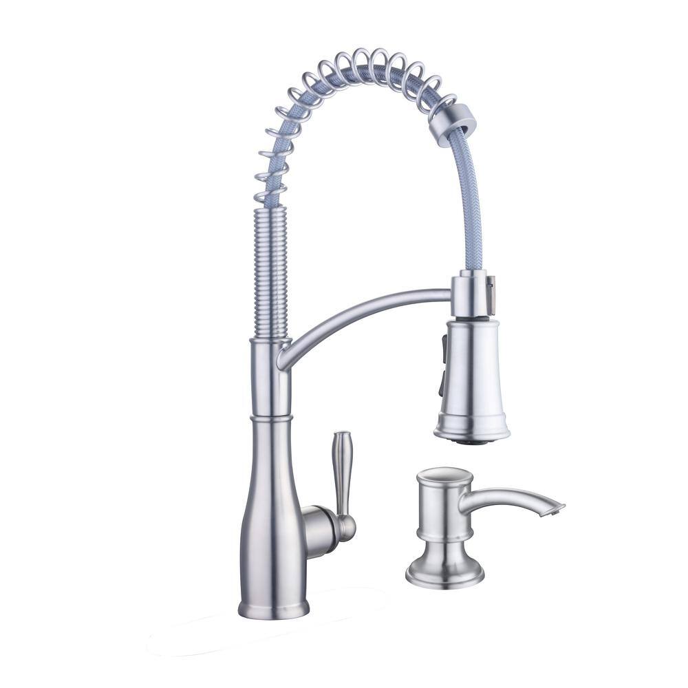 Glacier Bay Mandouri Single-Handle Spring Neck Pull-Down Kitchen Faucet with Soap Dispenser in Stainless Steel HD67458-1308D2