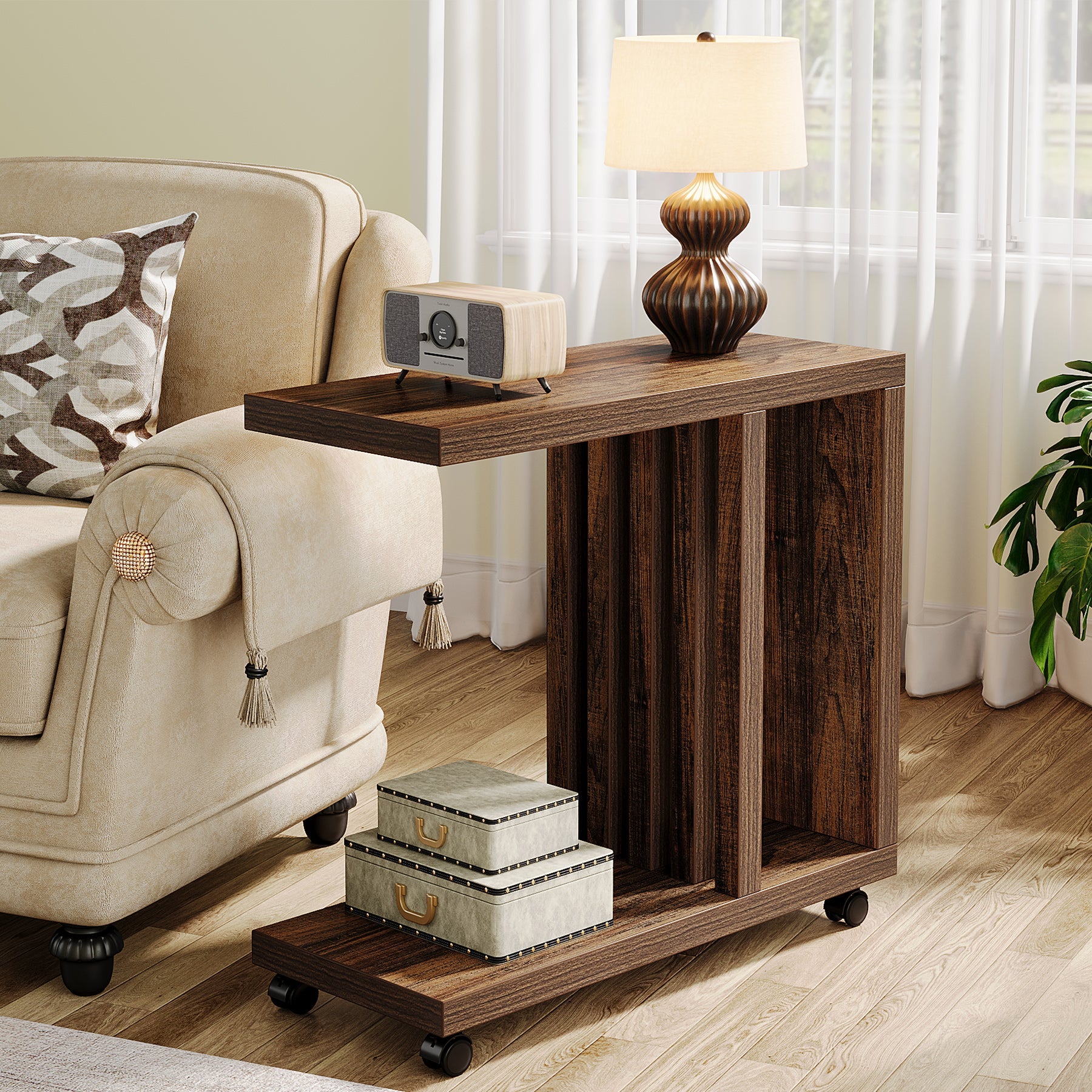 2-Tier End Table,  C-Shaped Wood Side Table with Lockable Wheels