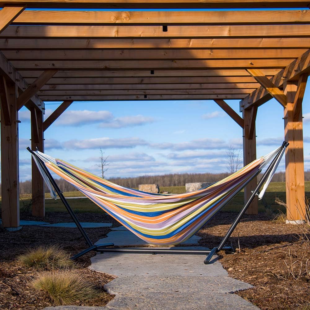 Double Cotton Hammock with Space Saving Steel Stand, Tropical (450 lb Capacity - Premium Carry Bag Included)