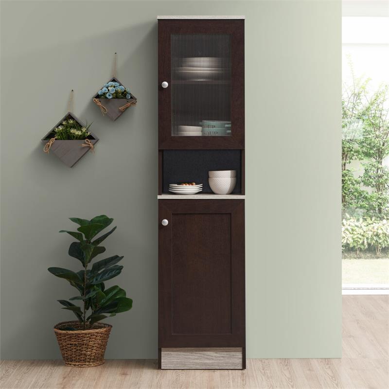 Pemberly Row 63 Slim Open Shelf Plus Top Kitchen Pantry in Chocolate-Gray Wood