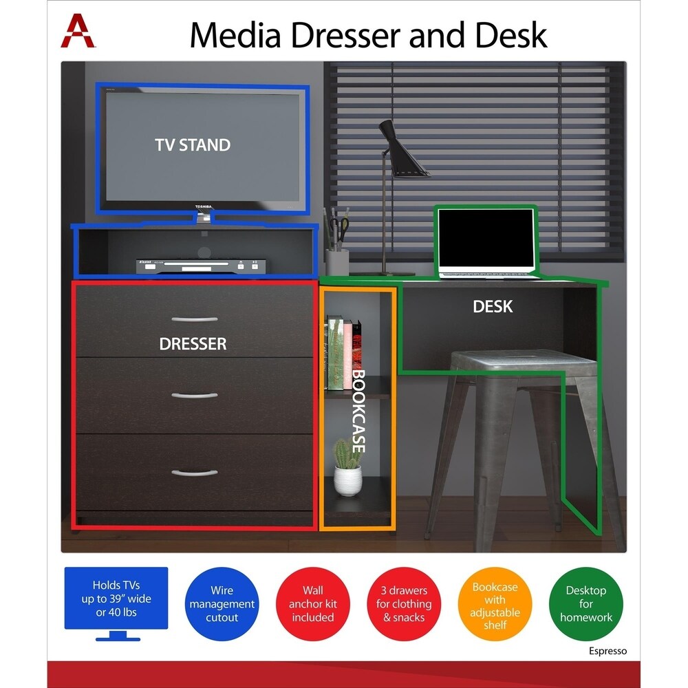 Porch   Den Alyssa Espresso 3 in 1 Media Dresser and Desk Combo