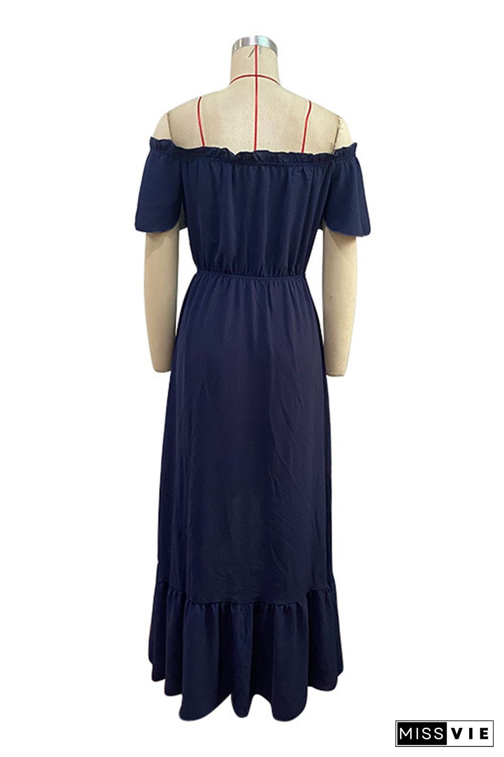 Navy Off Shoulder Button Down Drawstring High Low Ruffle Maxi Dress