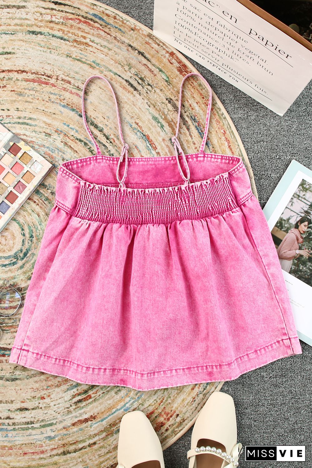 Pink Mineral Wash Denim Smocked Tank Top