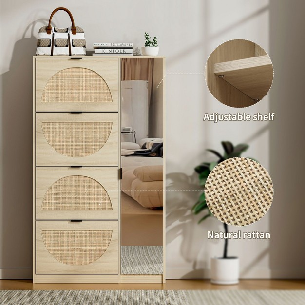 Arina 63 9 x27 x27 H X 37 x27 x27 W X 9 45 x27 x27 D Farmhouse Natural Rattan Shoe Cabinet For 16 Pairs Design Mirror With 4 Flip Down Drawers The Pop Maison