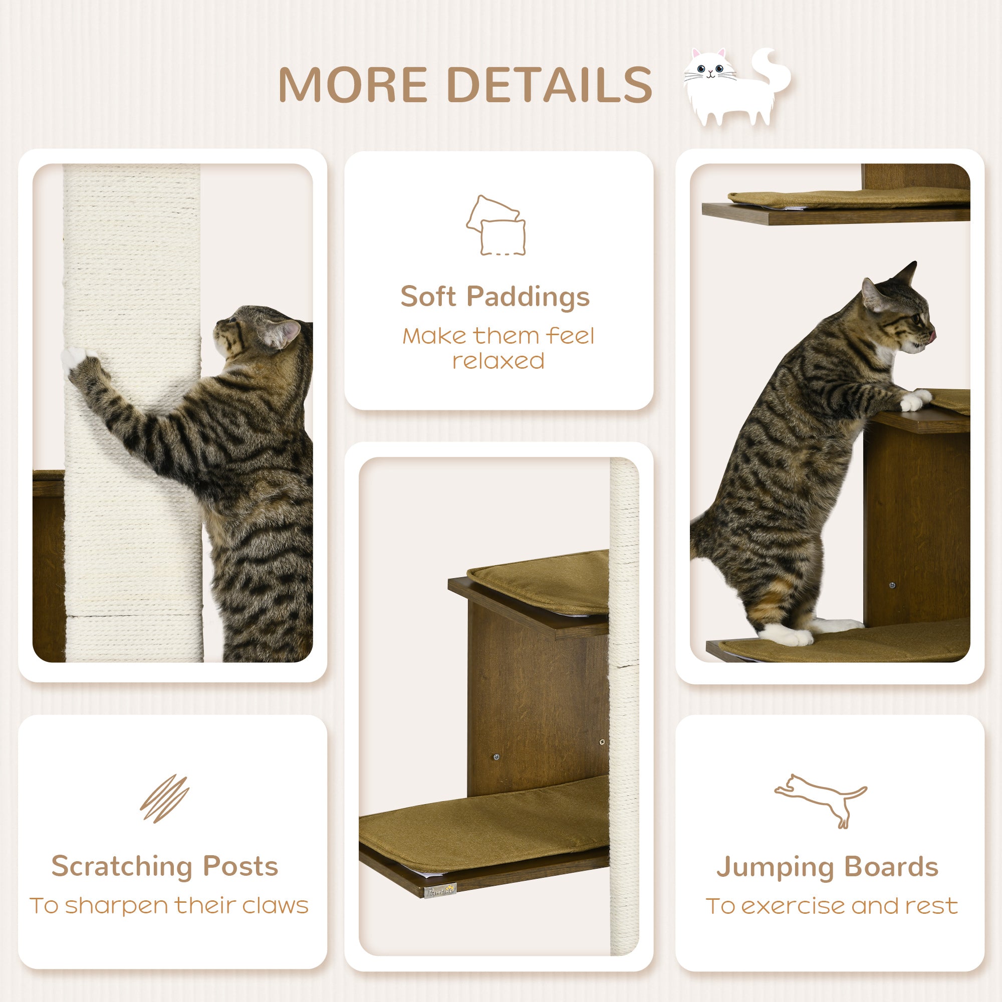 PawHut Wall-Mounted Cat Tree， 4-Layer Cat Wall Shelves Furniture with Scratching Board， Kitten Activity Center with Cushions， Natural