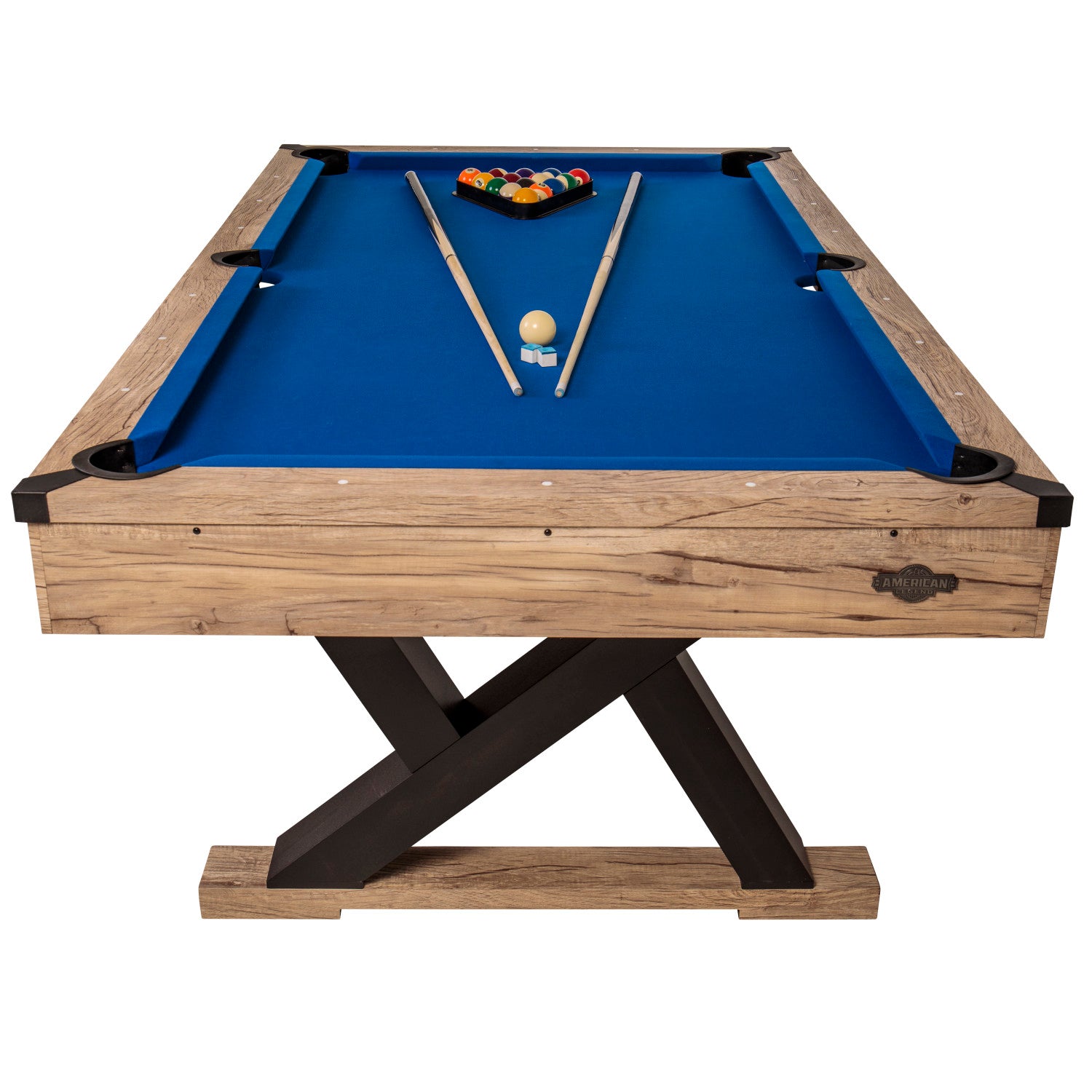 American Legend Kirkwood 84" Billiard Table with Rustic Blond Finish, K-Shaped Legs and Royal Blue Cloth