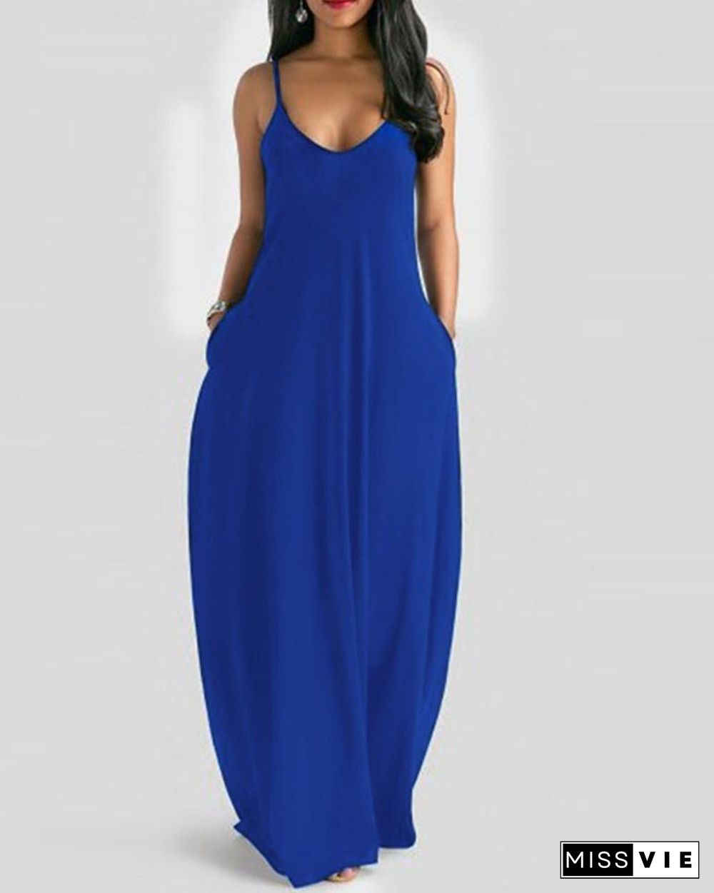 Solid Spaghetti Strap Pocket Design Maxi Dress